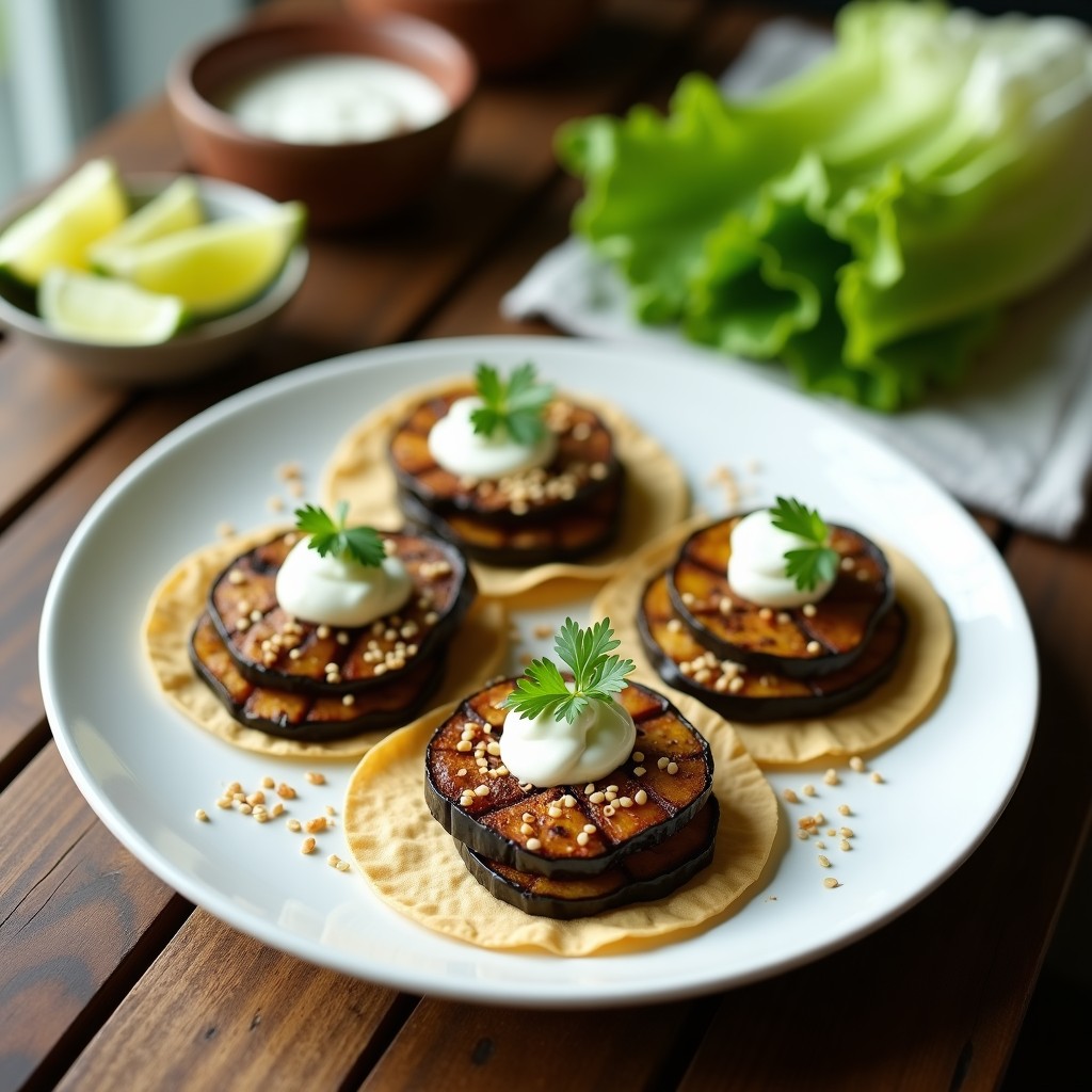 Tacos veganos para tupper con capas de berenjena asada, lentejas pardo y salsa de yogur de soja, decorados con semillas de sésamo y perejil fresco sobre tortillas de maíz.
