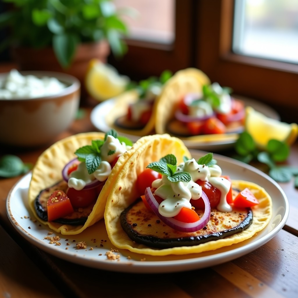 Tacos de Berenjena Asada y Qeso Feta: Receta Griega en Airfryer con Salsa de Yogur y Menta