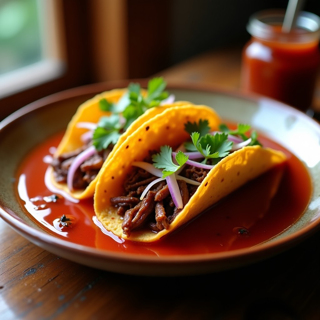 Tacos de birria dorados en airfryer bañados en consomé rojo aromático, servidos en plato hondo con cebolla morada, cilantro y queso derretido, receta tradicional mexicana express.