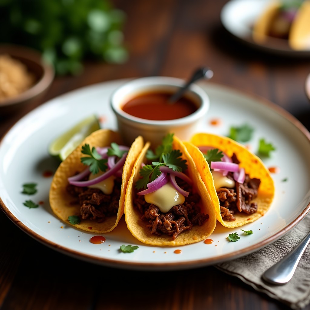 Plato de tacos de birria dorados en airfryer, rellenos de carne desmenuzada y queso derretido, servidos con consomé espeso y cebolla morada, acompañados de limón y cilantro fresco.