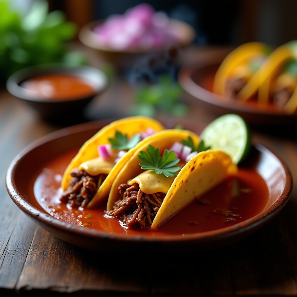 Plato hondo con tacos de birria estilo Jalisco bañados en consomé rojo intenso, acompañados de cebolla morada, cilantro y limón.