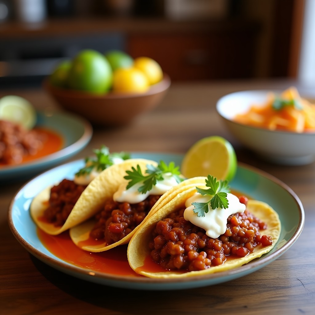 Plato de tacos de birria con queso freído dorado y crujiente, servidos en tortillas de maíz, acompañados de consomé en un tazón pequeño, cebolla morada picada, cilantro y limón al lado.