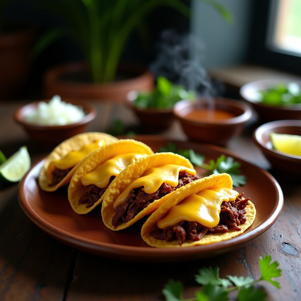 Tacos de birria quesabirria dorados en airfryer, con queso fundido asomándose entre tortillas de maíz azul, servidos en plato rústico con cebolla morada, cilantro y salsa de caldo de birria al lado.