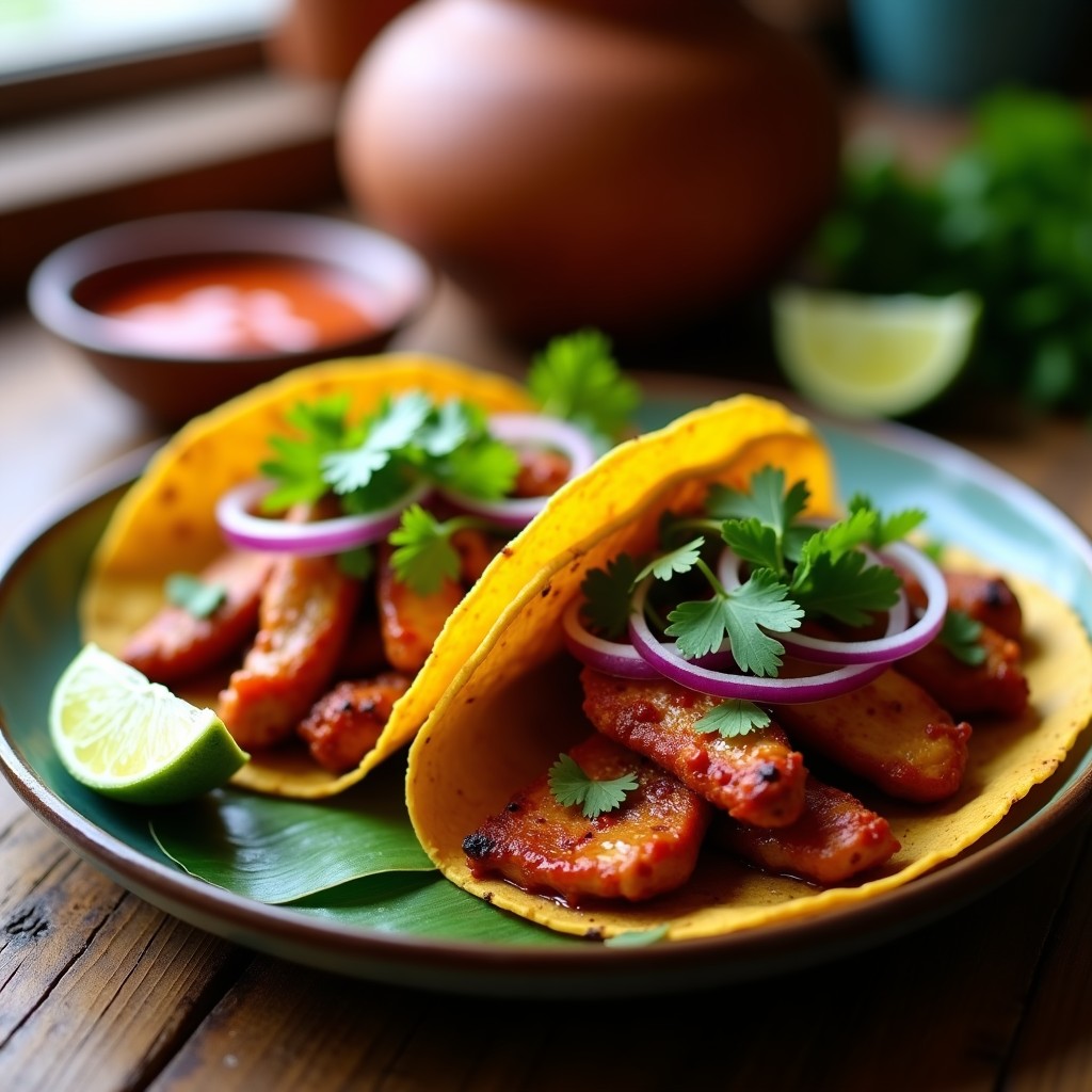 Tacos de maíz dorados rellenos de pollo en tiras doradas con marinada de achiote y café, acompañados de cebolla morada, cilantro fresco y gajos de limón verde sobre hoja de plátano.