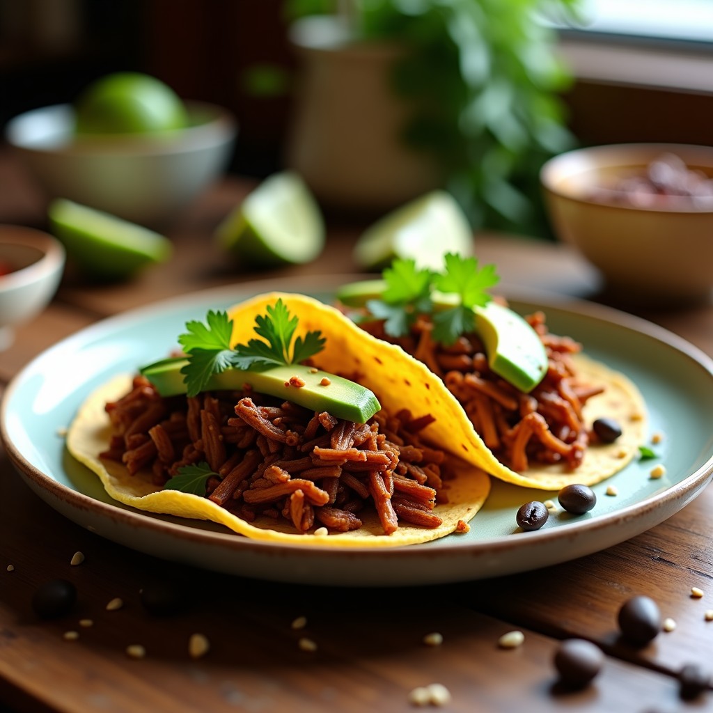 Plato de tacos veganos de café ahumado con chipotle, rellenos de jackfruit desmenuzado, aguacate y cilantro, servidos en tortillas de maíz doradas.