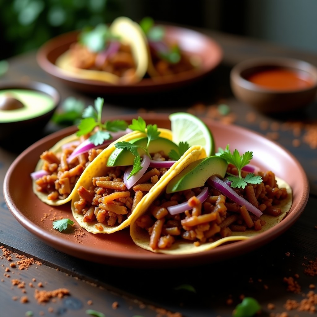 Plato de tacos veganos de café ahumado con jackfruit desmenuzado dorado, cebolla morada, aguacate y cilantro fresco sobre tortillas de maíz azules, servidos en un plato rústico de barro.