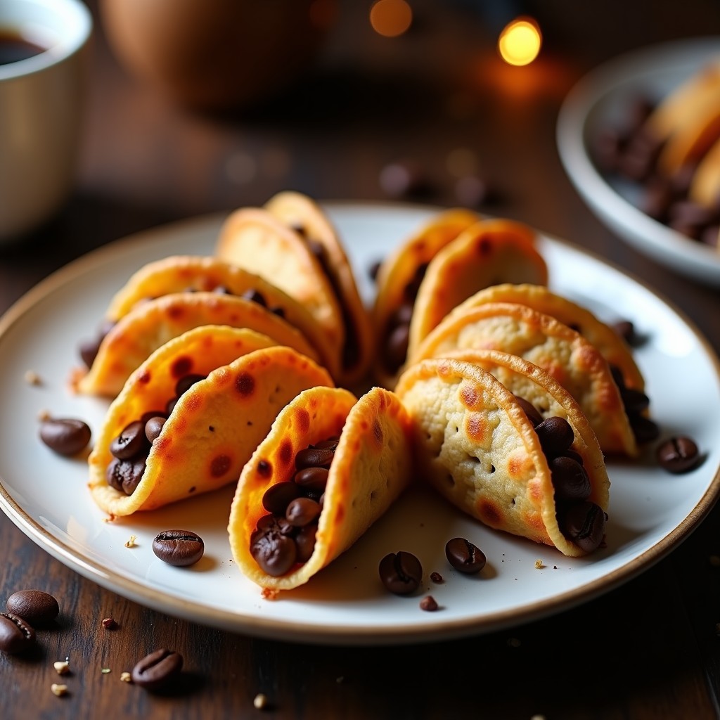 Tacos dorados y crujientes de café con cacao nibs servidos en un plato blanco rústico, con detalles de granos de café y cacao nibs esparcidos alrededor, receta airfryer.