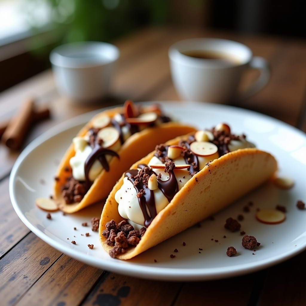 Tacos de galleta especiada rellenos de crema de mascarpone y café, decorados con cacao nibs y almendras fileteadas, sobre un plato de porcelana blanca con fondo rústico.