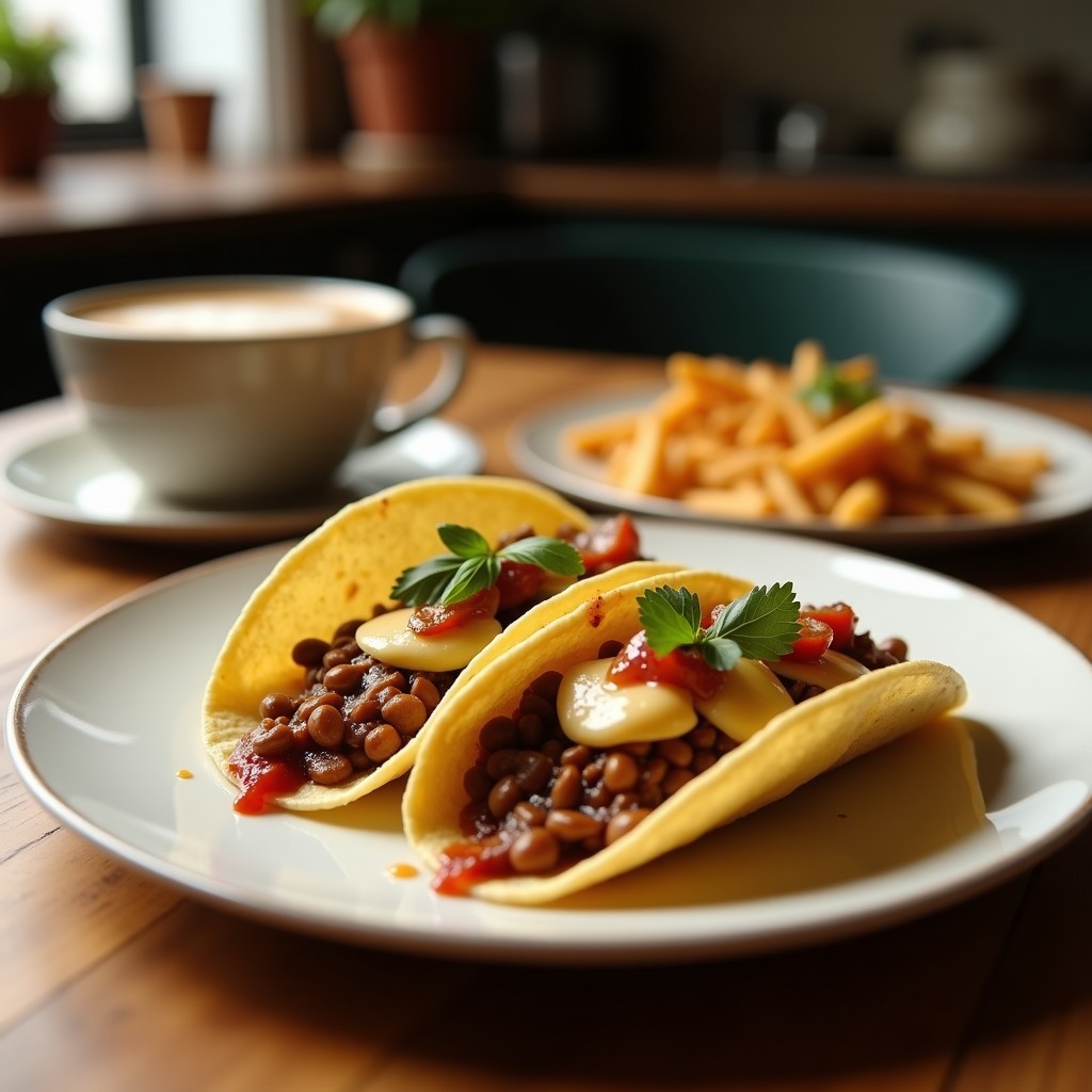 Plato de tacos veganos rellenos de champiñones portobello salteados con café, servidos en tortillas de maíz con aguacate y cilantro fresco.
