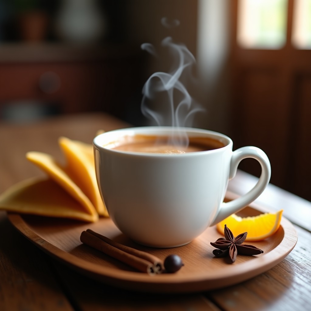 Taza de cerámica blanca con taco de café de achicoria humeante, servido en bandejita de madera con especias al lado: canela en rama, clavo de olor y cáscara de naranja seca.