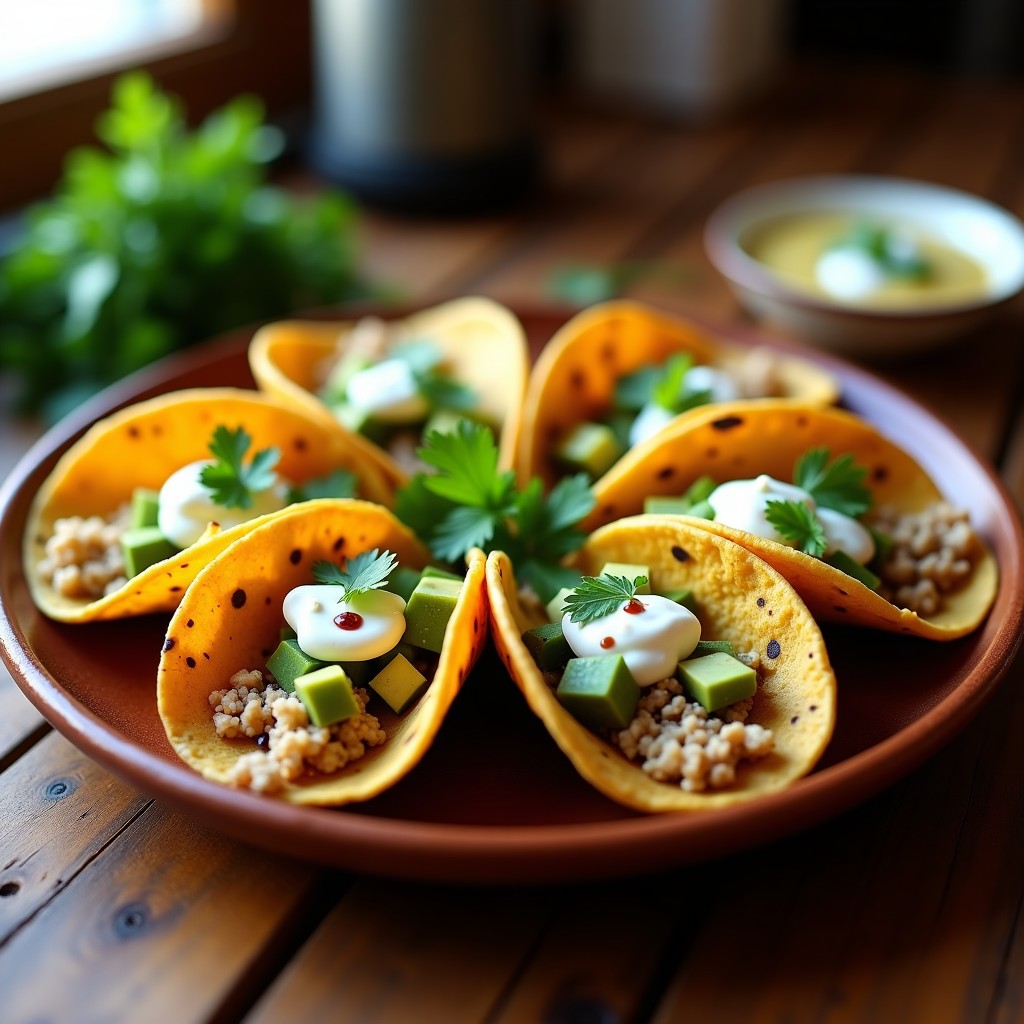 Tacos crujientes de café y achicoria sin gluten, rellenos de queso fresco, aguacate y crema agria, decorados con cilantro y salsa chipotle sobre un plato de barro rústico.