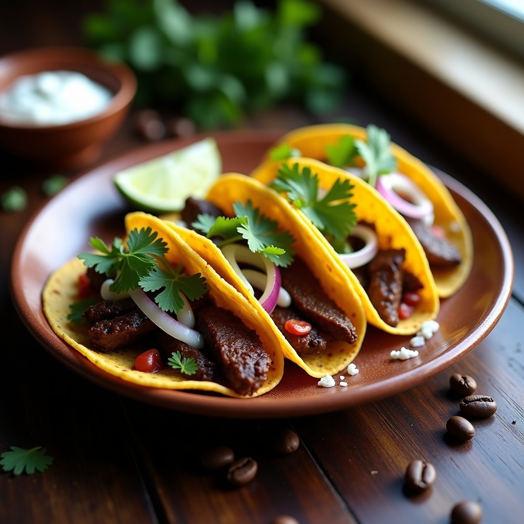 Plato de tacos de café con chile ancho sobre tortillas de maíz azules, bañados en salsa de crema y decorados con cilantro fresco, receta gourmet mexicana.