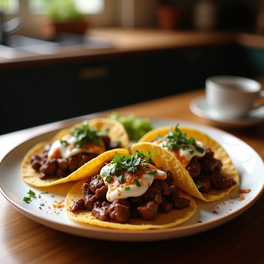 Tacos dorados de café y chocolate 85% sobre un plato de pizarra, con virutas de almendras y chocolate negro, acompañados de granos de café y cacao en polvo espolvoreado.