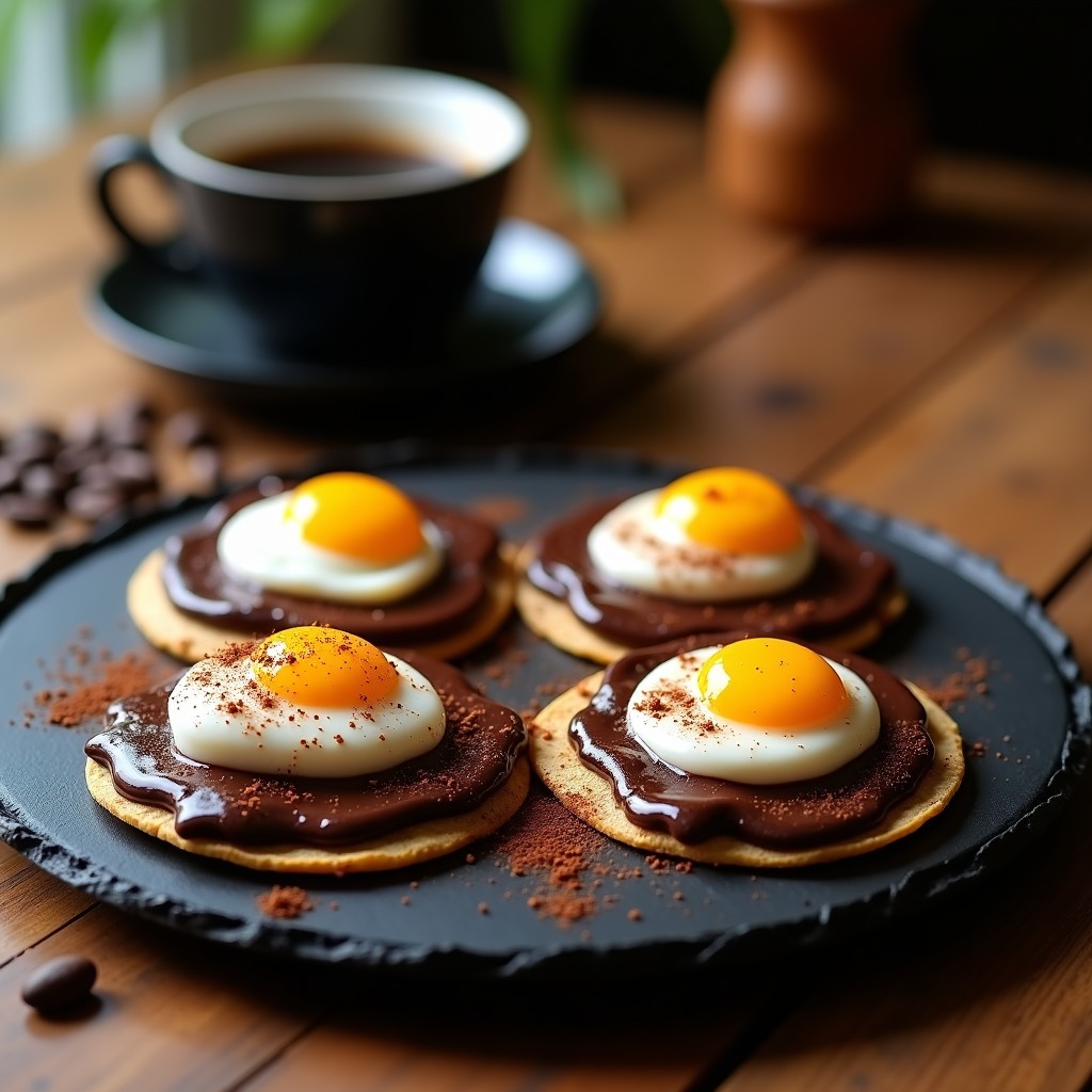 Plato de tacos de maíz azul rellenos de chocolate negro ahumado, espolvoreados con café y canela, coronados con crema batida y huevo cuajado, servidos sobre una mesa rústica de madera.