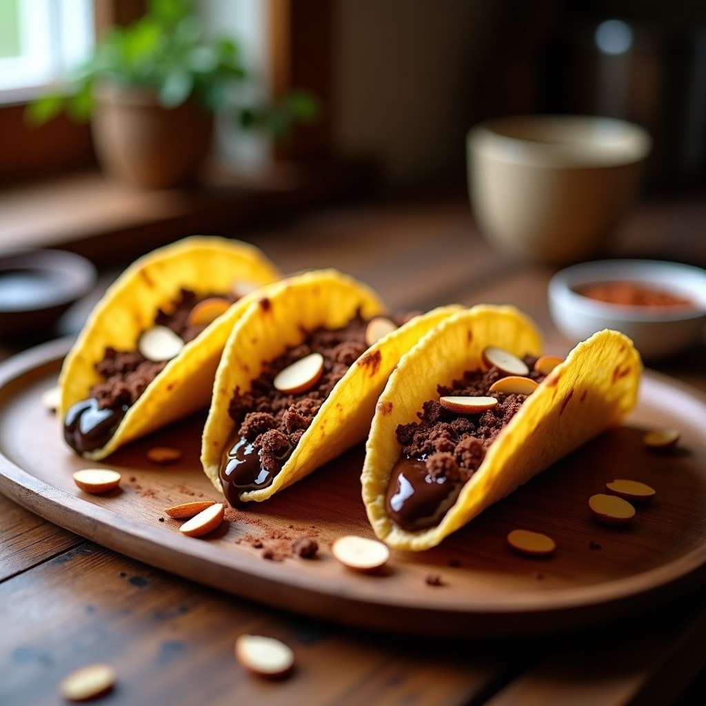 Tacos dorados de maíz rellenos de una mezcla brillante de chocolate negro y café, espolvoreados con almendras fileteadas y chili en polvo, servidos en una bandeja rústica de madera.