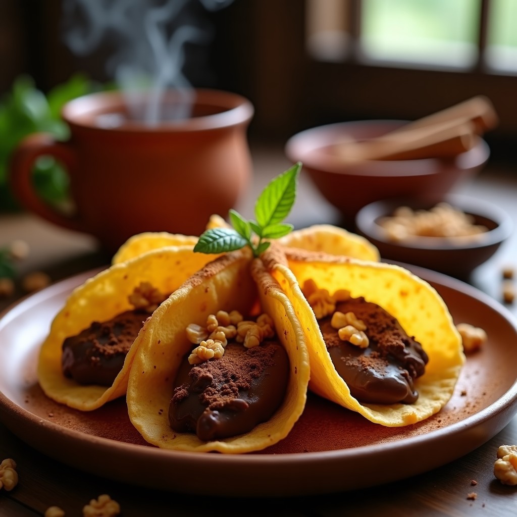 Plato con tacos mexicanos de café y chocolate, tortillas doradas y crujientes rellenas de crema de café y chocolate negro, decoradas con nueces picadas y canela.