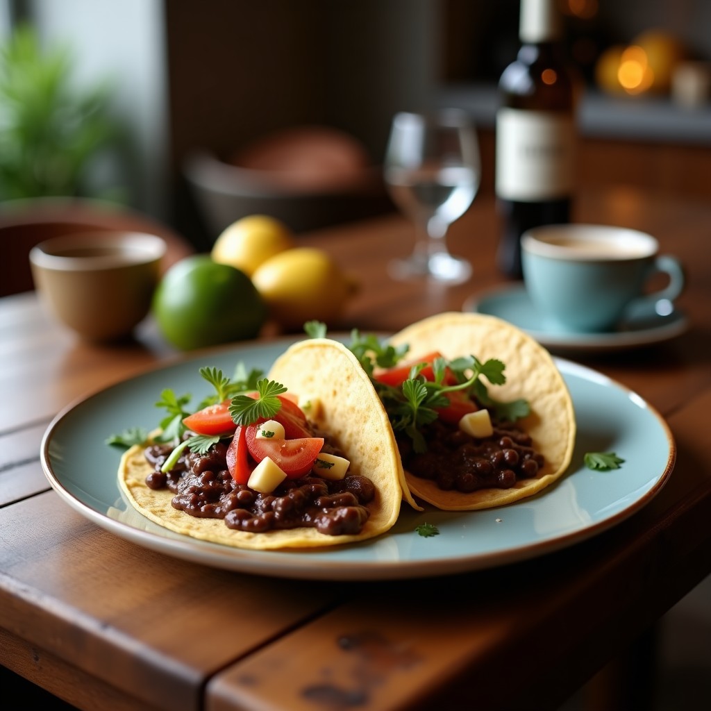 Tacos de café y chocolate negro apilados en un plato blanco, con crema de anacardos asomando entre las galletas integrales y avellanas trituradas espolvoreadas por encima.