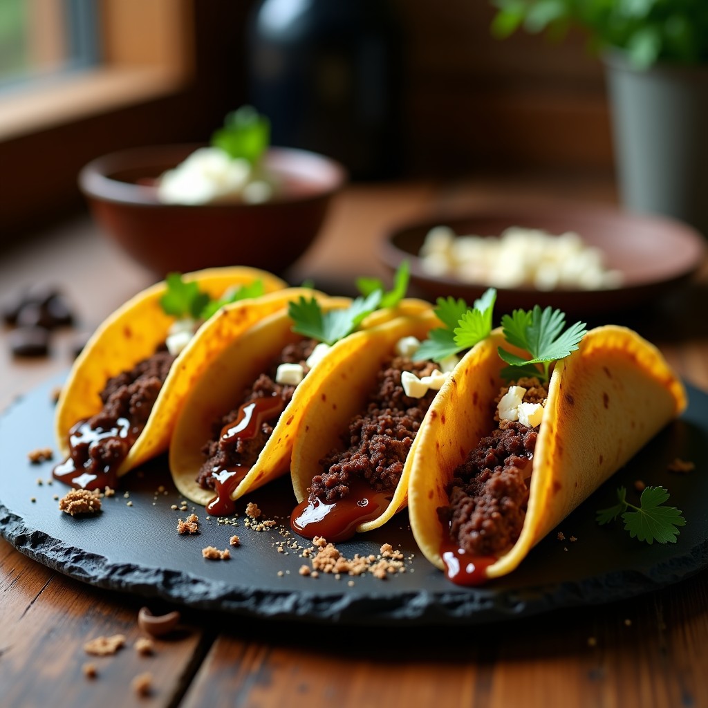 Plato de tacos dorados rellenos de chocolate negro y café, servidos con salsa picante de chipotle y crema agria, decorados con cilantro fresco.