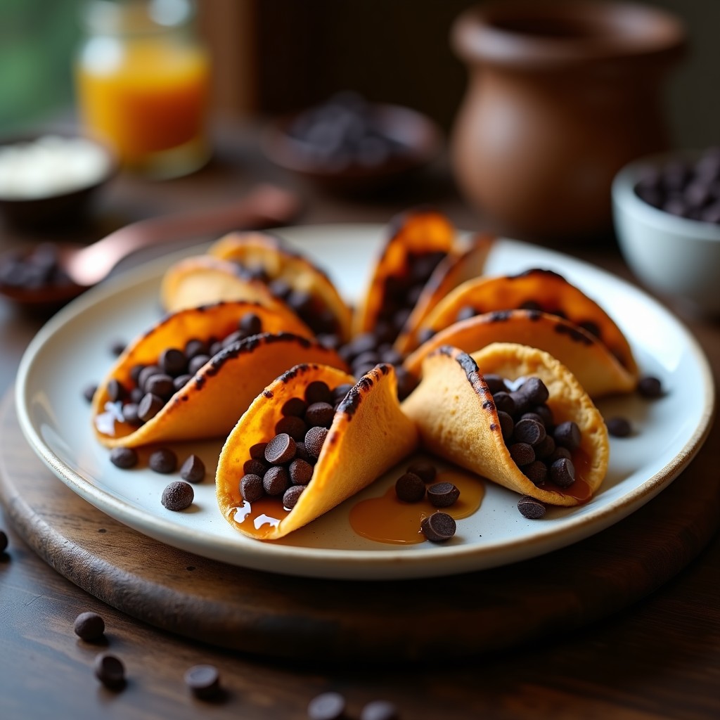 Tacos dorados de café y chocolate proteicos en airfryer, con chips de chocolate negro derritiéndose y un hilo de miel brillando sobre ellos, servidos en un plato blanco rústico.
