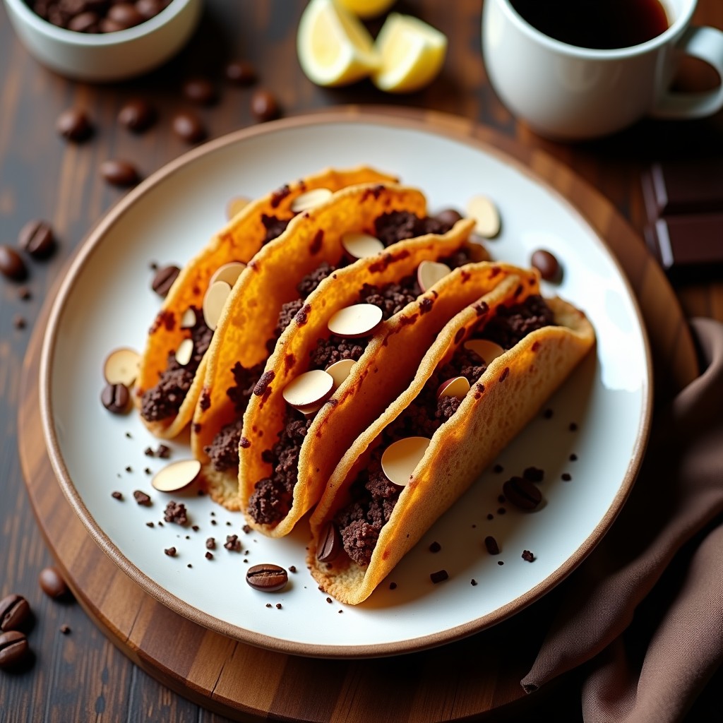 Tacos dorados y crujientes de café y chocolate veganos en platea blanca, espolvoreados con almendras fileteadas y chocolate negro rallado, receta en airfryer.