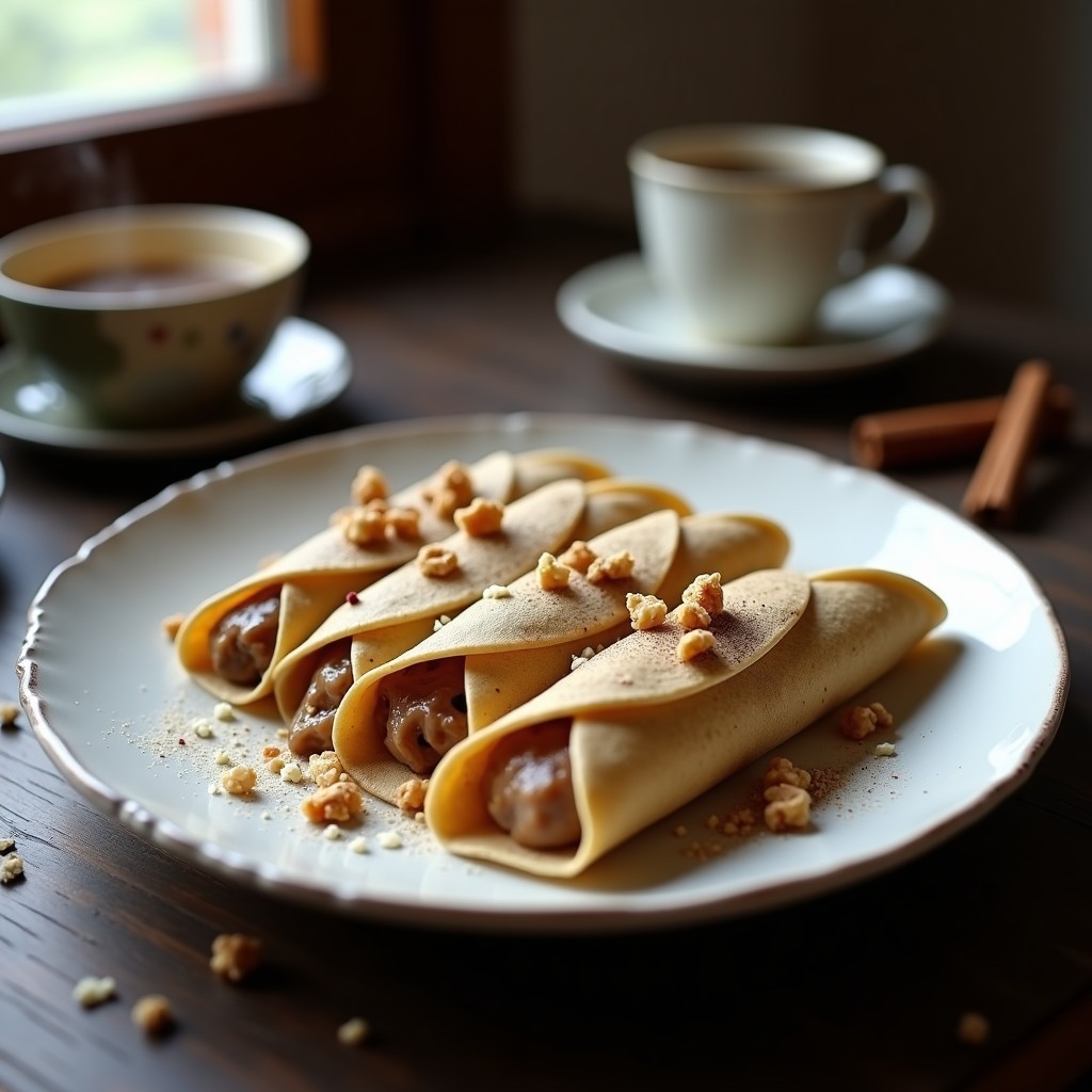 Plato blanco con tacos de café con leche cremoso, tortillas de maíz azules rellenas de crema espesa de café, decorados con queso fresco desmenuzado y nueces picadas, sobre una mesa de madera rústica.