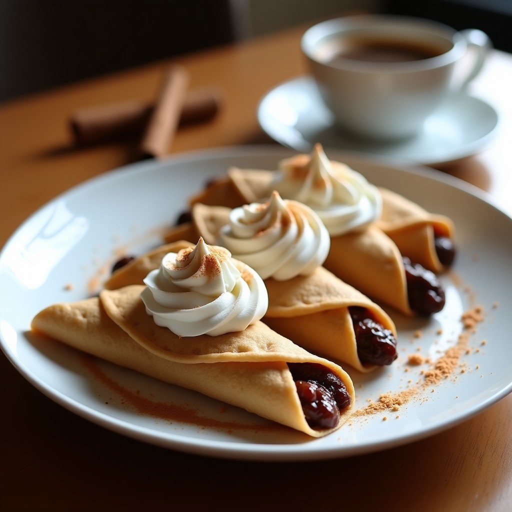 Plato blanco con tacos de café con leche y espuma de canela, servidos en tortillas de trigo doradas, con un topping de espuma blanca y espolvoreados de canela en polvo.