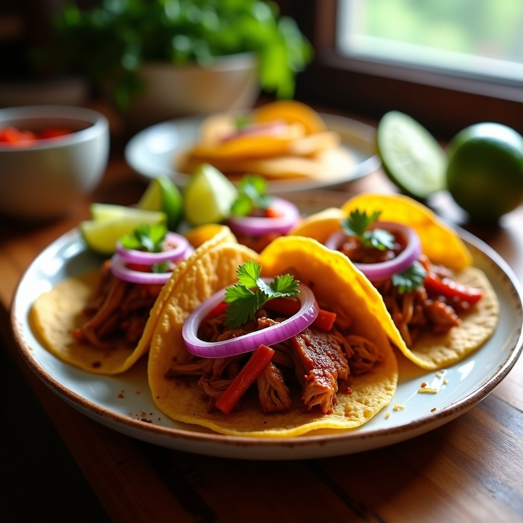 Tacos de cochinita pibil en airfryer servidos en tortillas de maíz, con cebolla morada encurtida, habanero y cilantro fresco, receta rápida y auténtica.