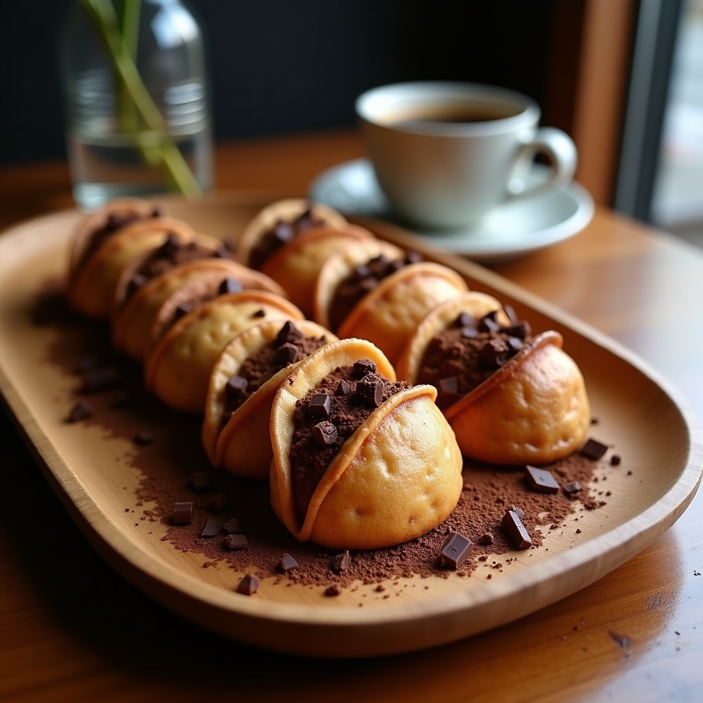 Tacos dorados de café descafeinado y chocolate negro sobre una bandeja de madera, con virutas de chocolate y un toque de café molido espolvoreado.