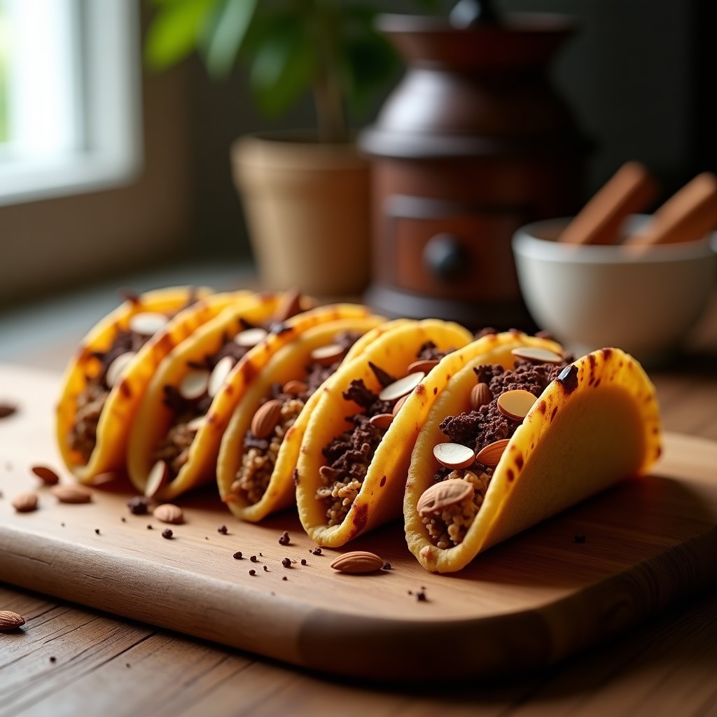 Tacos de café dorados y esponjosos sobre una bandeja de madera rústica, con virutas de chocolate negro y almendras fileteadas. Desayuno energético sin azúcar.