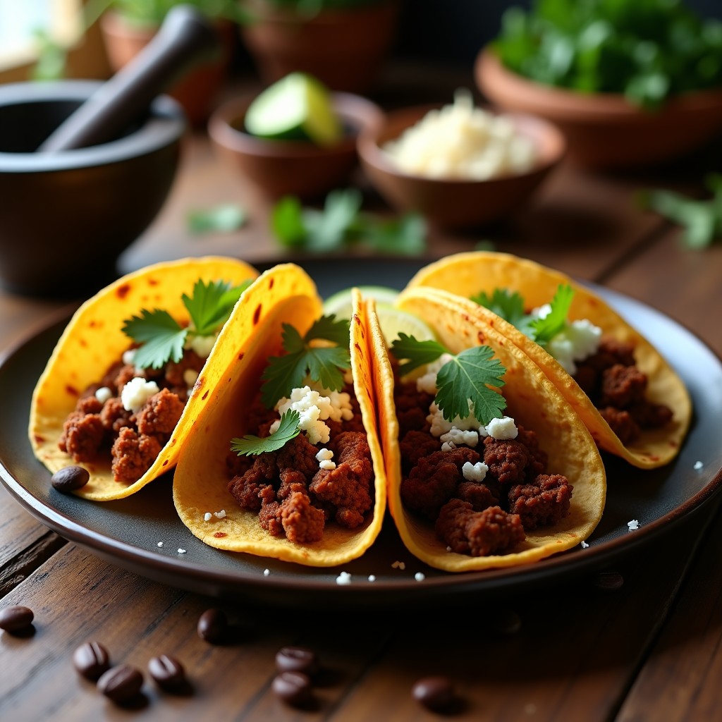Tacos dorados en airfryer rellenos de carne especiada con café, servidos en platos de barro con rodajas de limón y cilantro fresco.