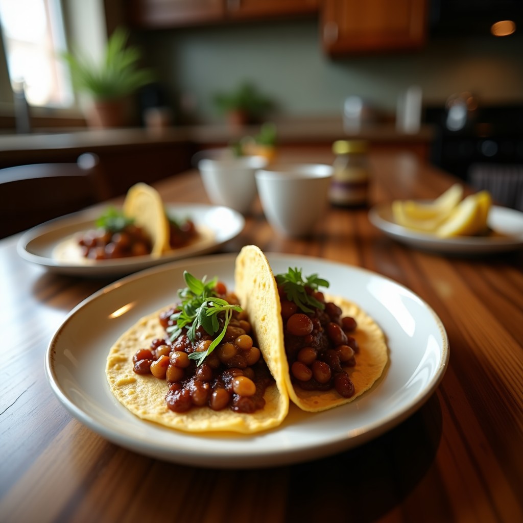 Tacos dorados y crujientes de café y especias dispuestos en un plato negro, rellenos de salsa de chocolate amargo brillante. Decorados con semillas de chía y hebras de azafrán, sobre un fondo rústico de madera con granos de café y especias esparcidos. Receta de tacos de café y especias con salsa de chocolate amargo vegano sin azúcar.