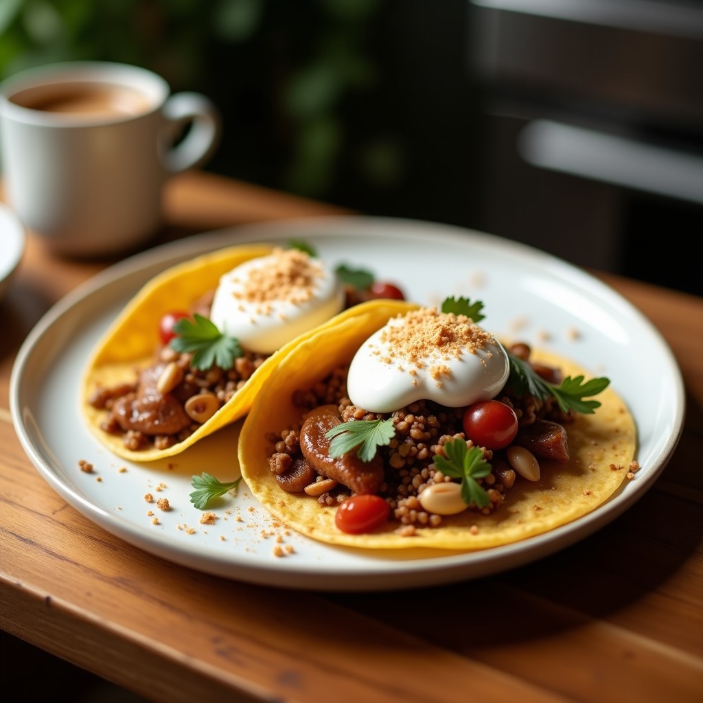 Plato blanco con tacos de tortilla de maíz rellenos de café oscuro, cubiertos con espuma de coco cremosa y espolvoreados con cacao en polvo, sobre fondo rústico de madera.