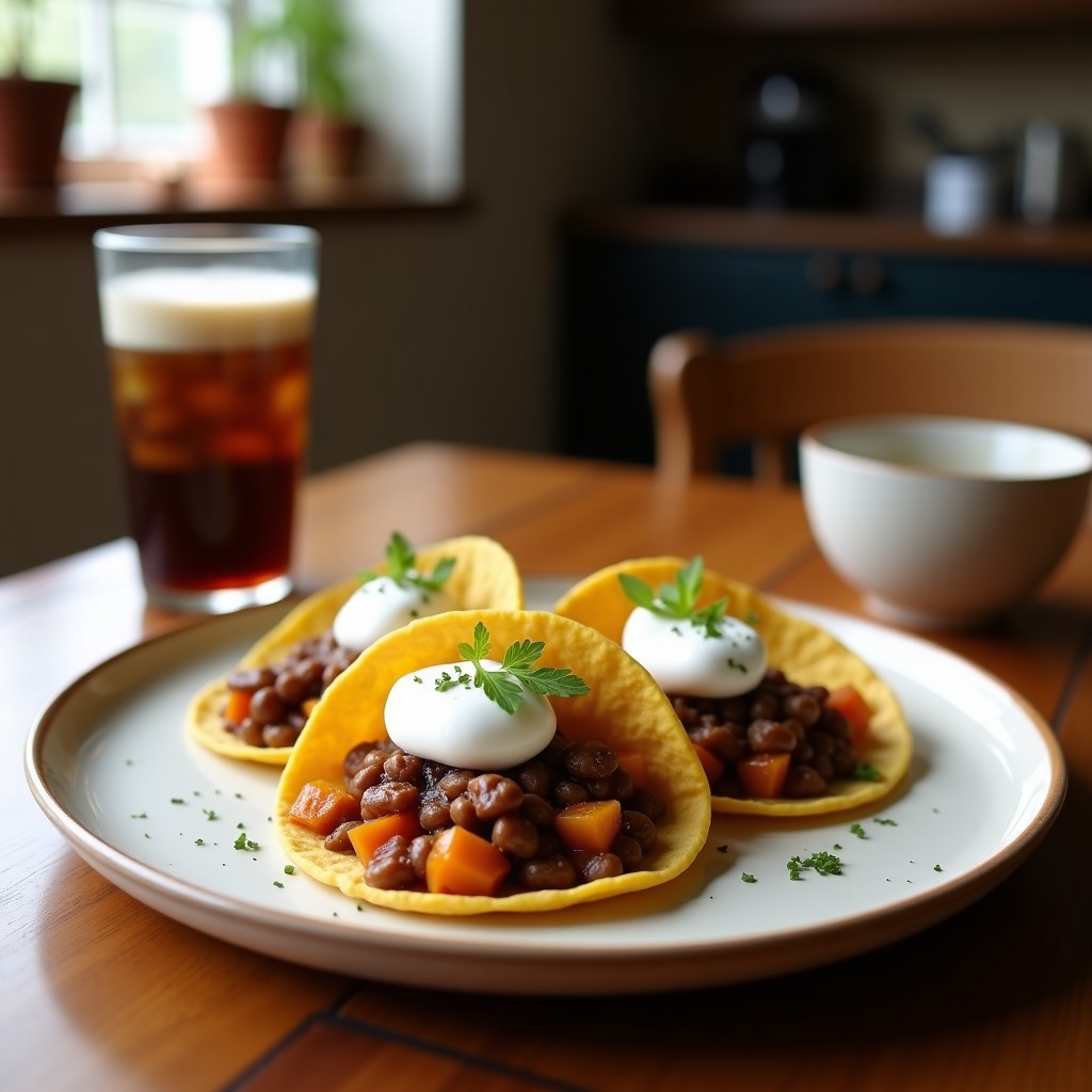 Dos tacos de café con base de galleta digestiva, espuma de cold brew montada y espolvoreado de cacao, sobre un plato blanco rústico con granos de café al fondo.