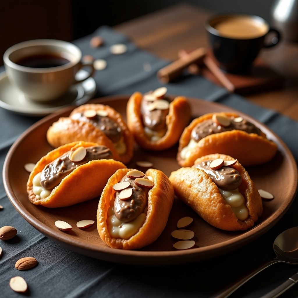 Tacos de café express dorados en airfryer, rellenos de crema de queso y decorados con almendras fileteadas sobre un plato de madera rústica.
