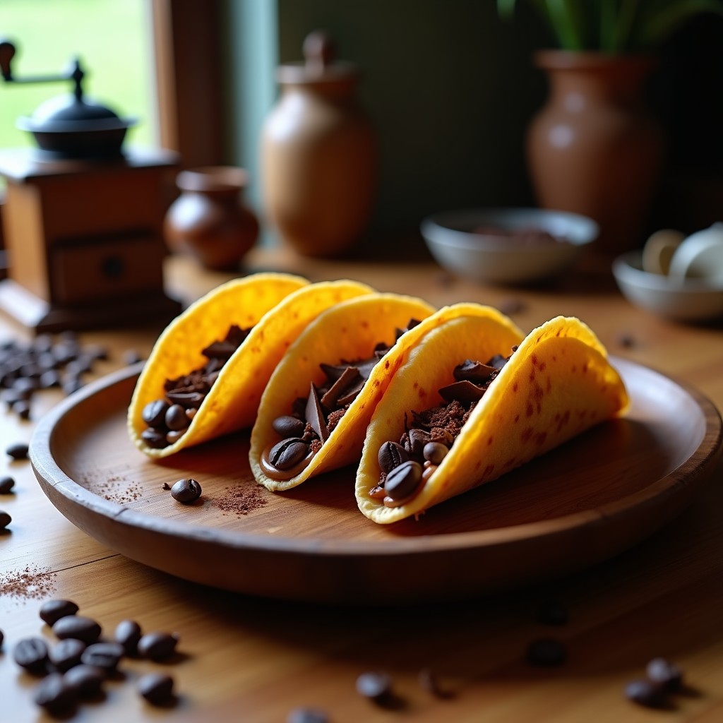 Tacos dorados de café espresso y chocolate amargo sobre una bandeja rústica de madera, con virutas de chocolate y un fondo borroso de granos de café.
