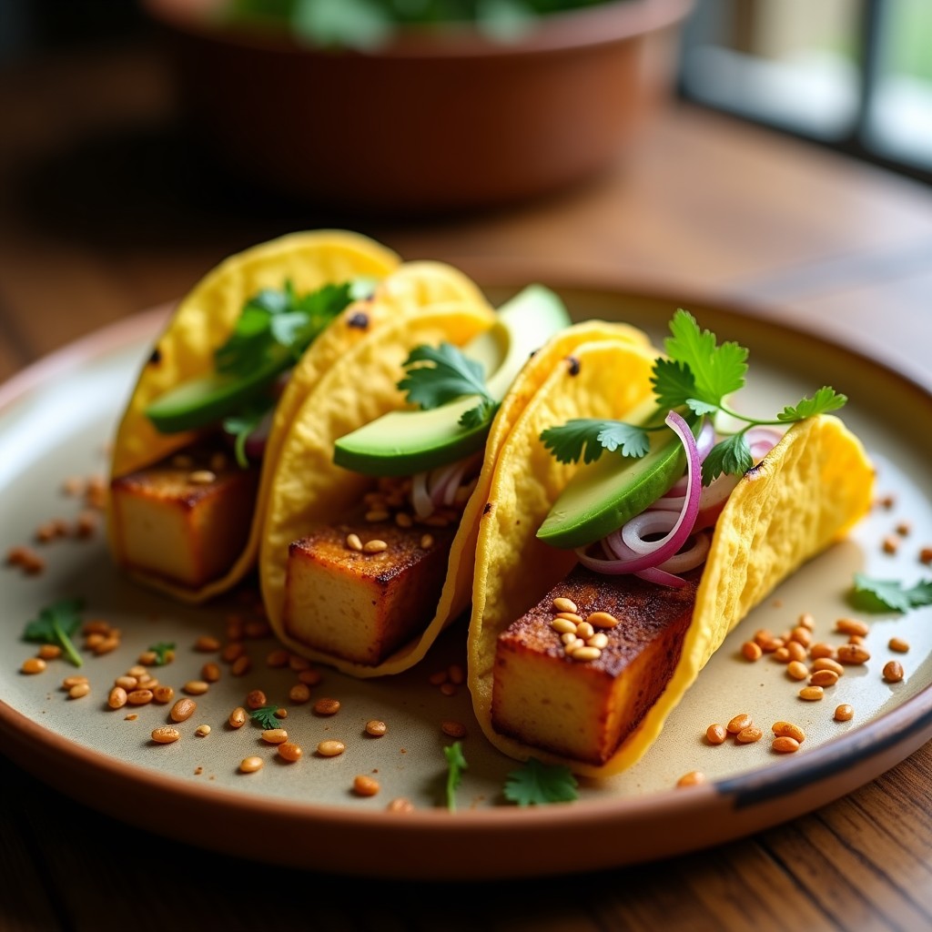 Tacos de café expreso y tofu ahumado en tortillas de maíz, rellenos de tofu dorado, aguacate, cebolla morada y cilantro, con semillas de sésamo espolvoreadas.