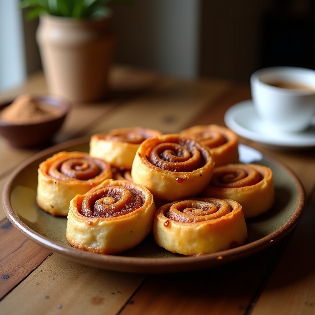 Tacos de café con leche estilo cinnamon roll, dorados y esponjosos, con vetas de azúcar caramelizada y canela, servidos en un plato rústico de barro.