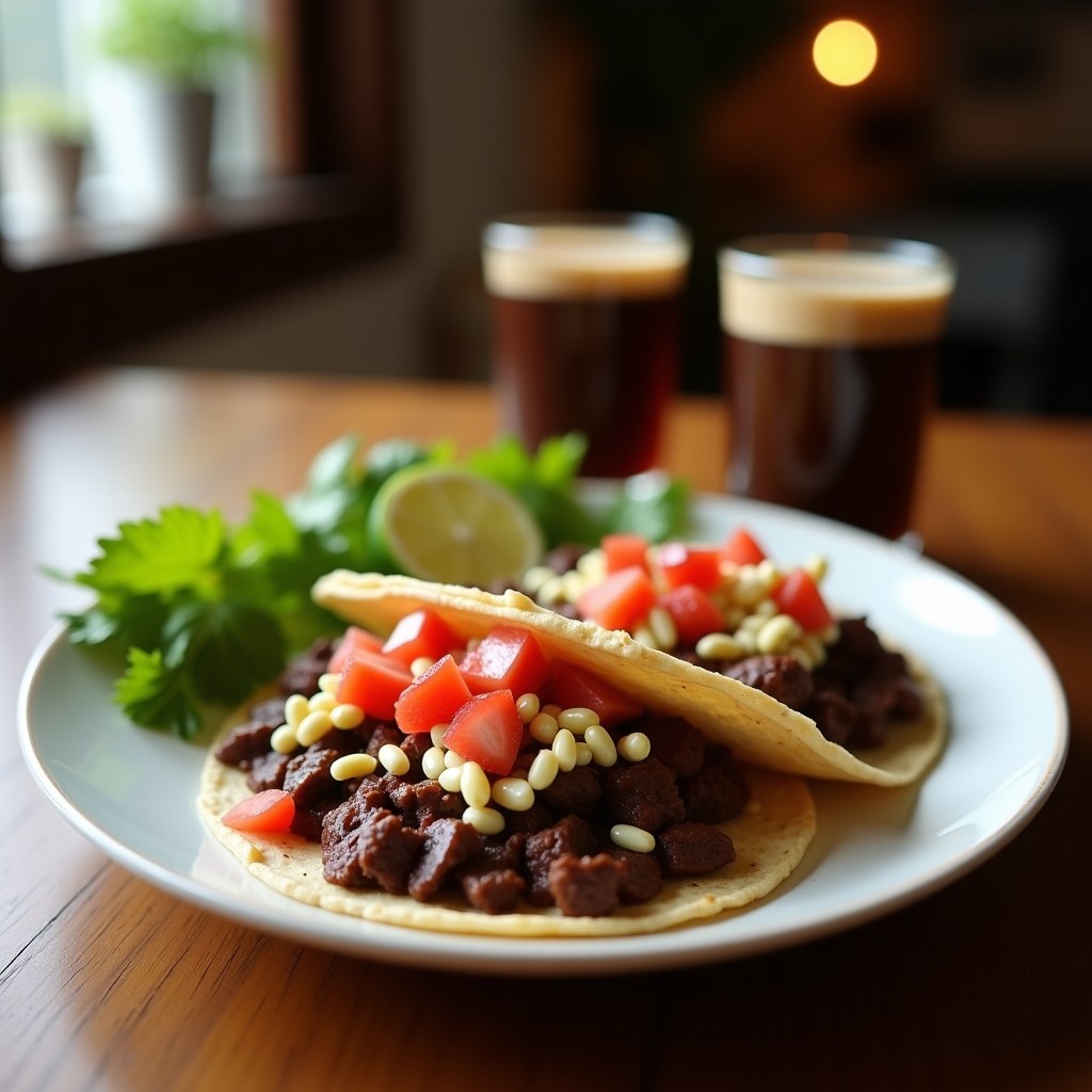 Tacos dorados y crujientes de café mocha proteicos, bañados en chocolate negro y decorados con virutas de cacao, servidos sobre un plato blanco rústico.