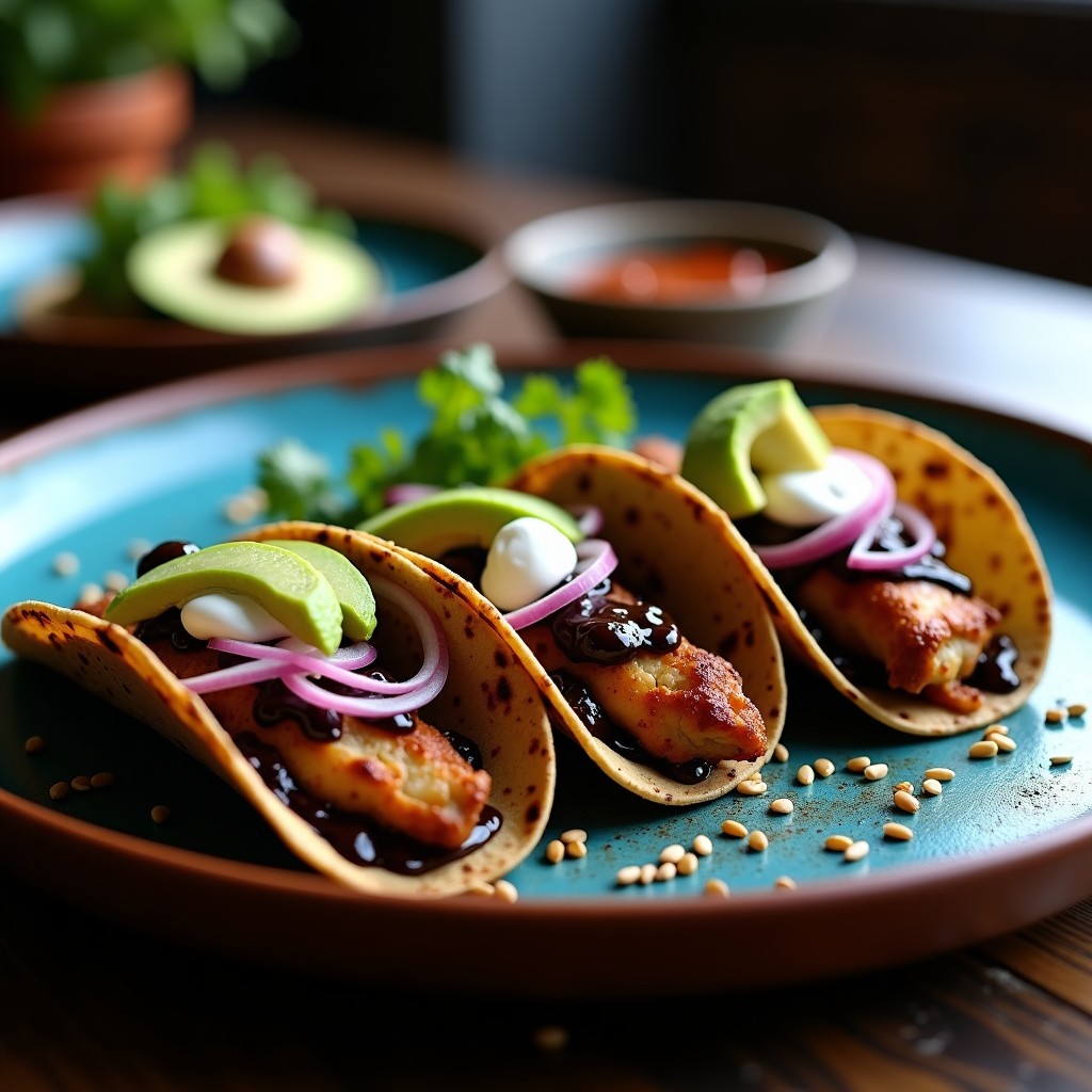 Plato de tacos de café y mole en airfryer, con tortillas azules rellenas de pollo marinado en café, bañadas en salsa de mole negro, cebolla morada, aguacate y semillas de sésamo, servidos en un plato de barro rústico.