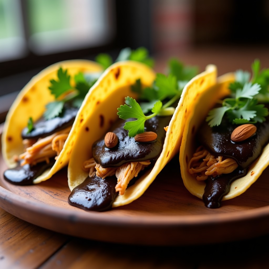 Plato de tacos de maíz rellenos de pollo en mole negro de café, decorados con cilantro y cebollín, con salsa espesa y brillante.