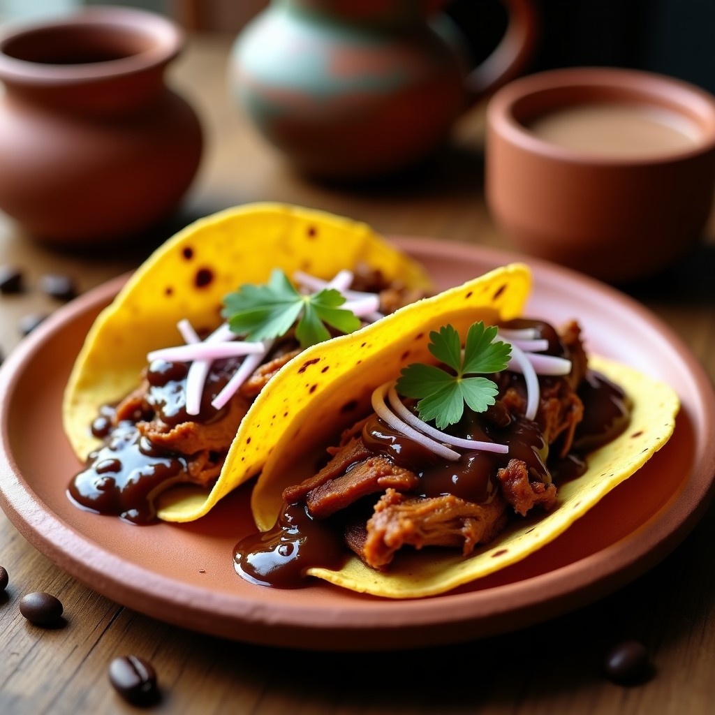 Plato de tacos de café con mole oaxaqueño en tortillas de maíz, bañados en salsa oscura de mole y café, decorados con cebolla morada y cilantro fresco.