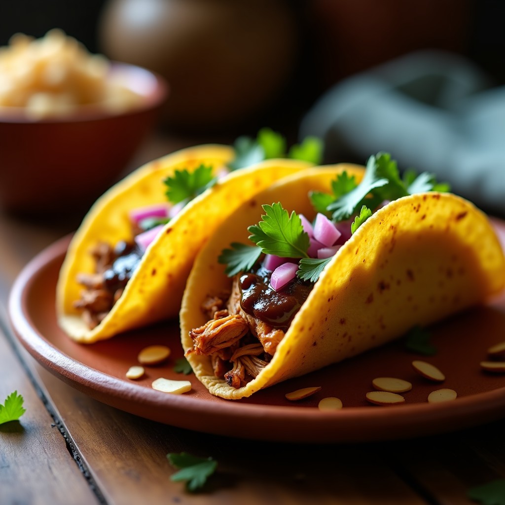 Tacos de maíz dorados rellenos de pollo jugoso bañado en salsa café mole oscura, decorados con cebolla morada, cilantro fresco y almendras fileteadas tostadas, servidos en plato de barro rústico.
