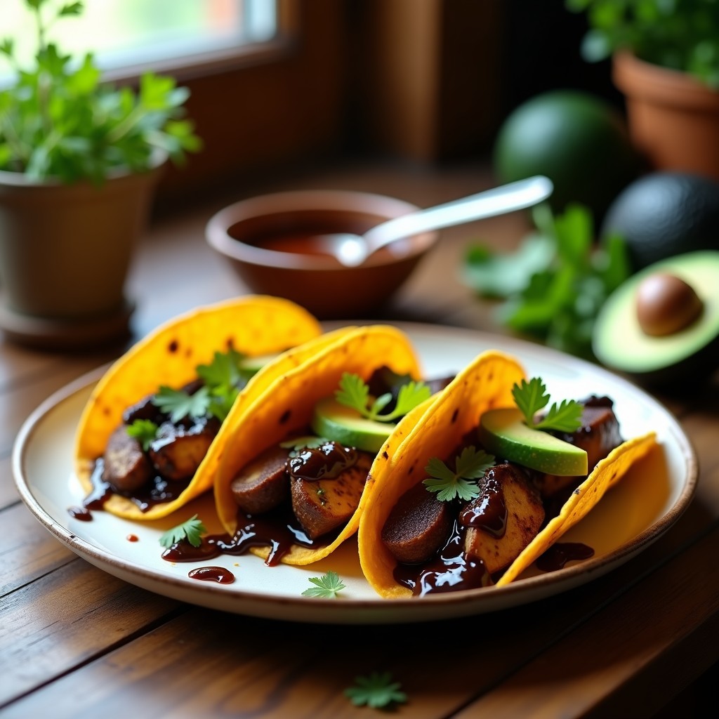 Tacos de café mole vegano en airfryer, con hongos portobello glaseados en salsa oscura, servidos en tortillas de maíz con aguacate y cilantro fresco.