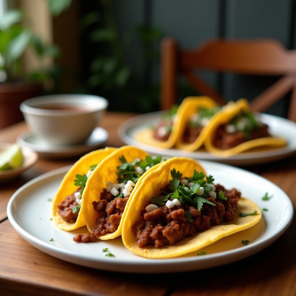 Plato de tacos de café con mole vegano, tortillas de maíz azules rellenas de garbanzos con café, cubiertos de mole cremoso de anacardos y decorados con aguacate y cilantro.