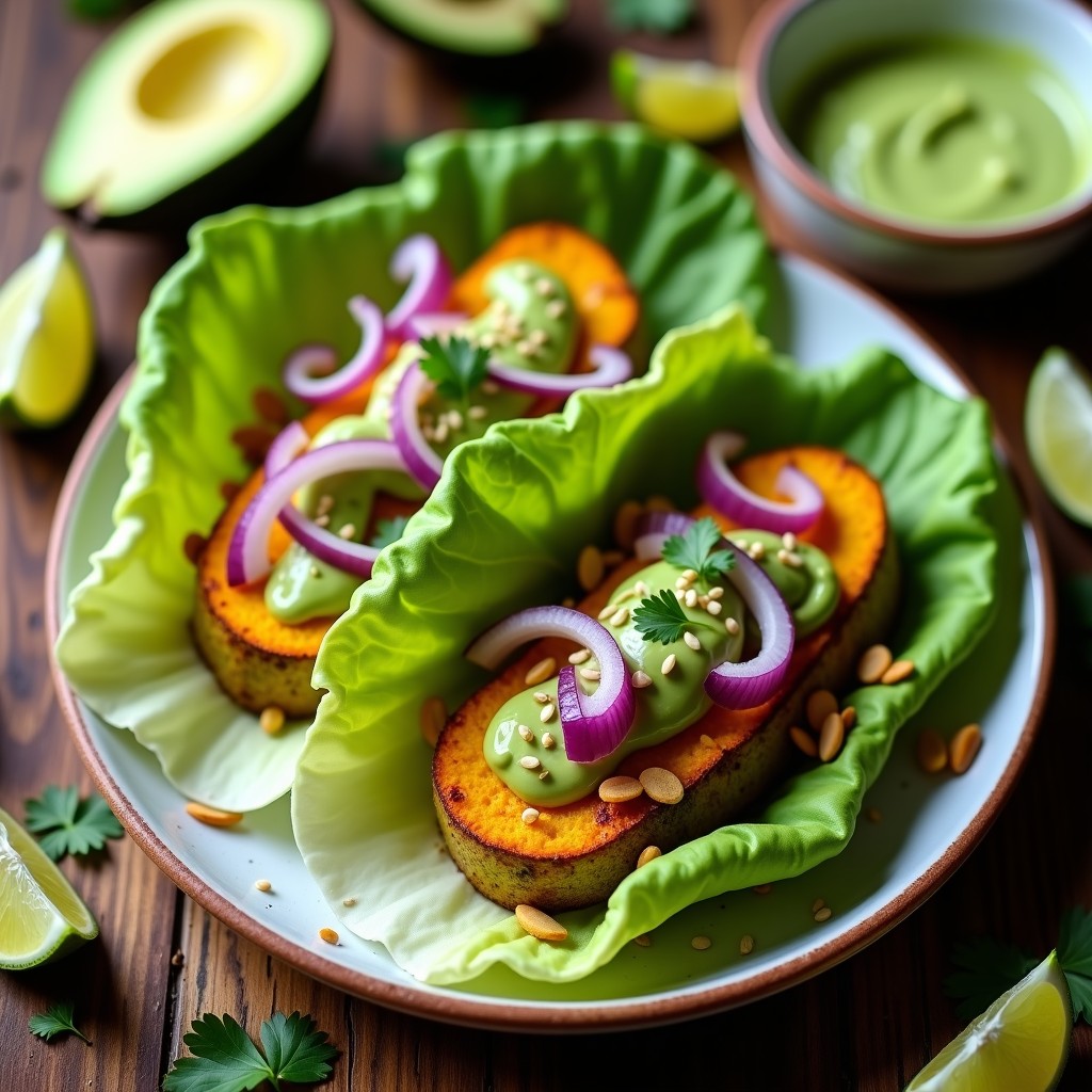 Plato de tacos keto con rodajas de calabacín asado dorado, rellenas de queso de cúrcuma cremoso y coronadas con salsa de aguacate verde brillante. Acompañados de hojas de lechuga romana fresca sobre un fondo rústico de madera oscura.
