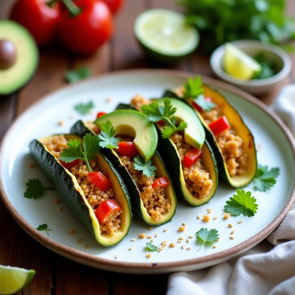 Tacos de calabacín en rodajas gruesas rellenos de quinoa, pimientos asados y especias, decorados con aguacate y semillas de sésamo. Plato vegano y sin gluten con colores vibrantes.