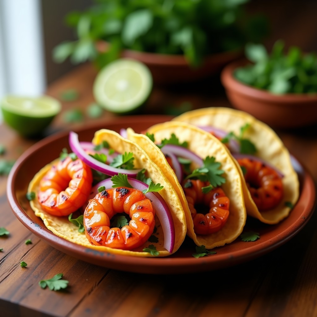 Tacos de maíz rellenos de camarones jugosos al achiote, con cebolla morada y cilantro fresco, servidos en un plato de barro con rodajas de limón, receta airfryer yucateca.