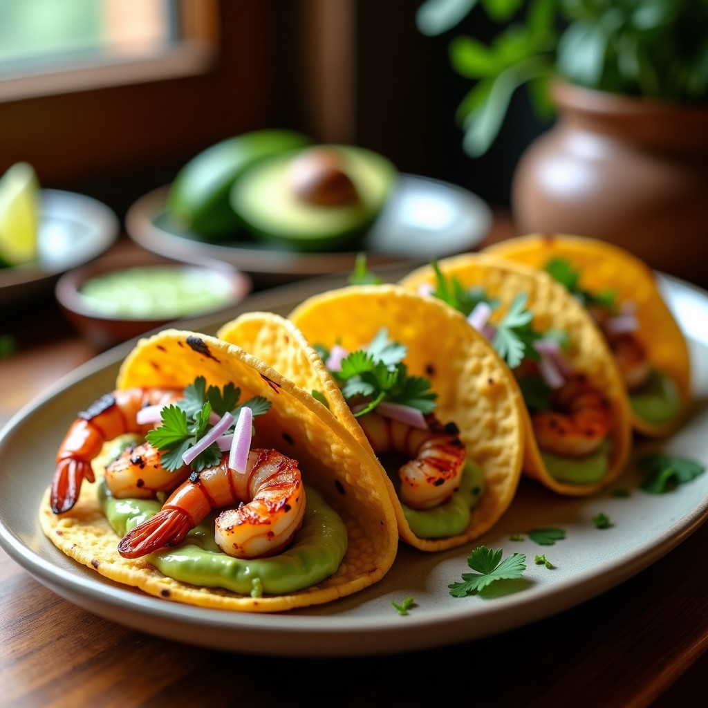 Tacos de Camarón Ahumado y Puré de Aguacate: Receta en Airfryer con Salsa de Lima y Cilantro