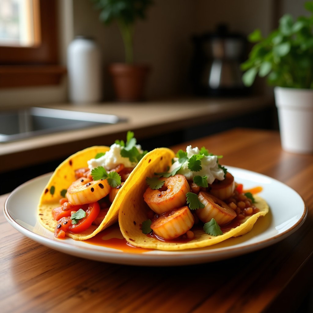 Plato de tacos de camarón ahumado con salsa de guanábana en airfryer, tortillas azules rellenas de camarones dorados y bañados con salsa cremosa de guanábana, acompañados de cebolla morada y cilantro fresco.