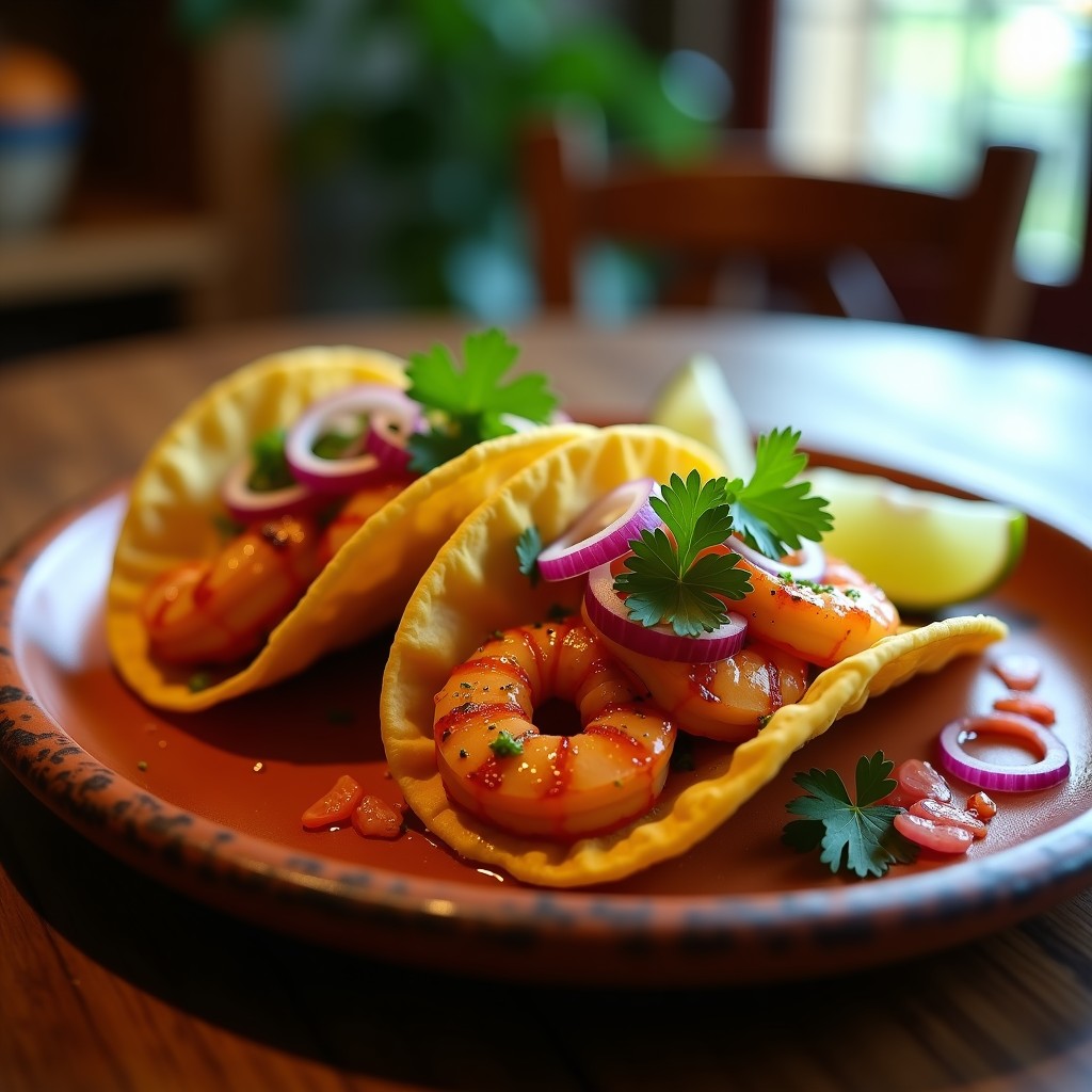 Tacos de maíz dorados rellenos de camarones ahumados jugosos, puré de guayaba cremoso y cebolla morada, decorados con cilantro fresco sobre un plato de barro rústico. Receta méxican-gourmet en airfryer con toque cítrico.